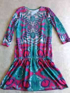 Custo Barcelona Teal and Pink Printed Drop-Waist Dress